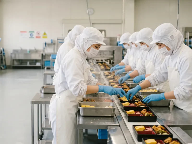 食品工場で弁当の盛り付けをする作業員たち